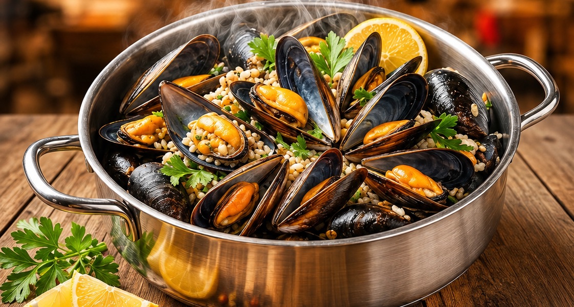 Servise hazır sıcak midye dolma tavası