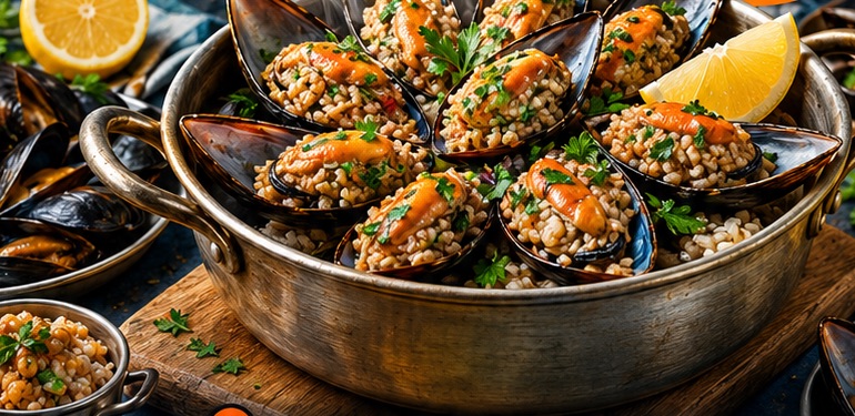 Bakır tencerede servise hazır midye dolma